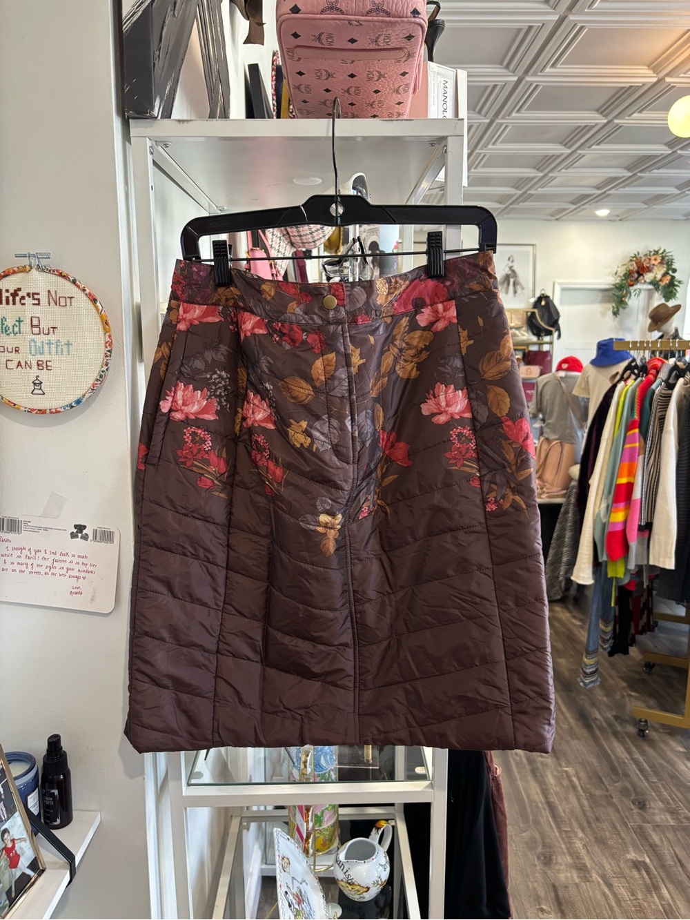 sahalie Quilted A-Line puffer Skirt in Brown with Pink and Gold Floral Accents